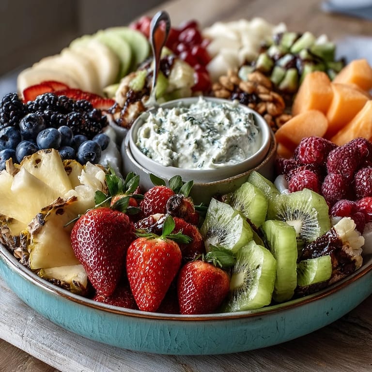 Vibrant fruit arranged as flower petals with a bowl of honey-vanilla yogurt dip, perfect for baby showers or spring brunches.