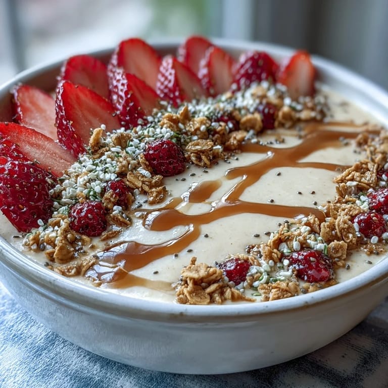 Bright red strawberries and golden granola contrast over smooth cottage cheese in this wholesome breakfast bowl, perfect for a quick and nutritious start.