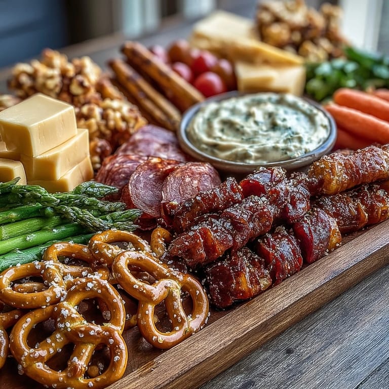 Game Day Baseball Snack Board featuring soft pretzels, cheese cubes, and colorful veggies, ideal for a crowd-pleasing appetizer.