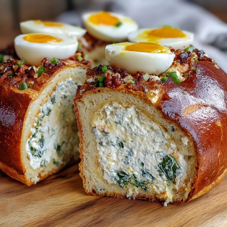 Golden Easter pie with hard-boiled eggs and ham, rich ricotta filling, spinach, and nutmeg in buttery puff pastry crust.