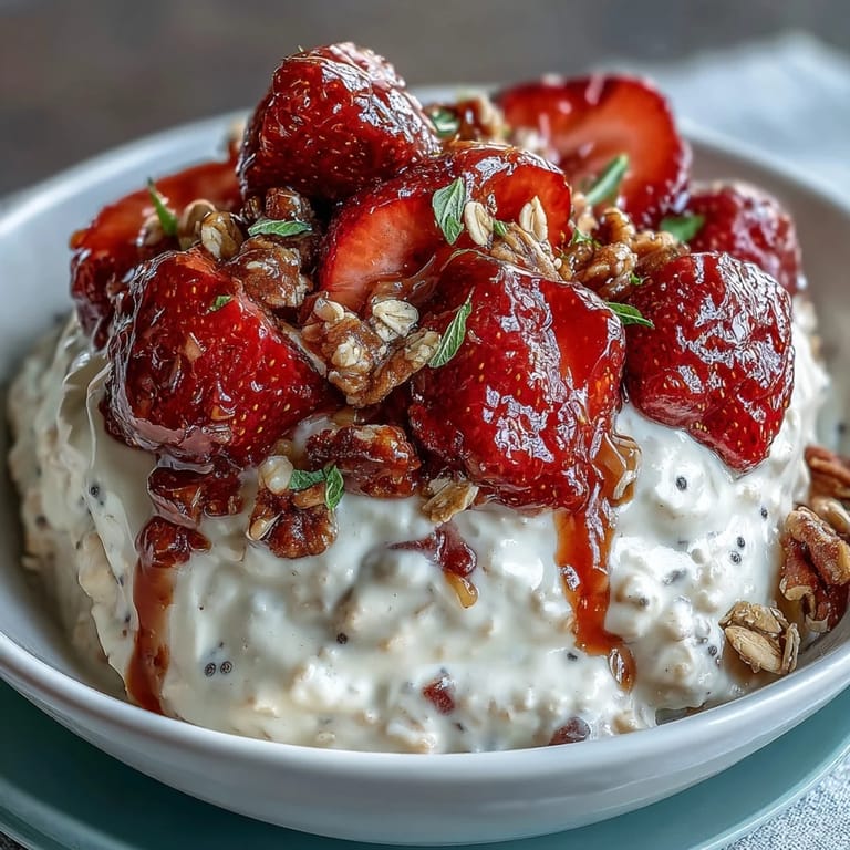Creamy strawberry chia overnight oats with granola, showcasing juicy red strawberries layered with oats and seeds for a nutritious morning meal