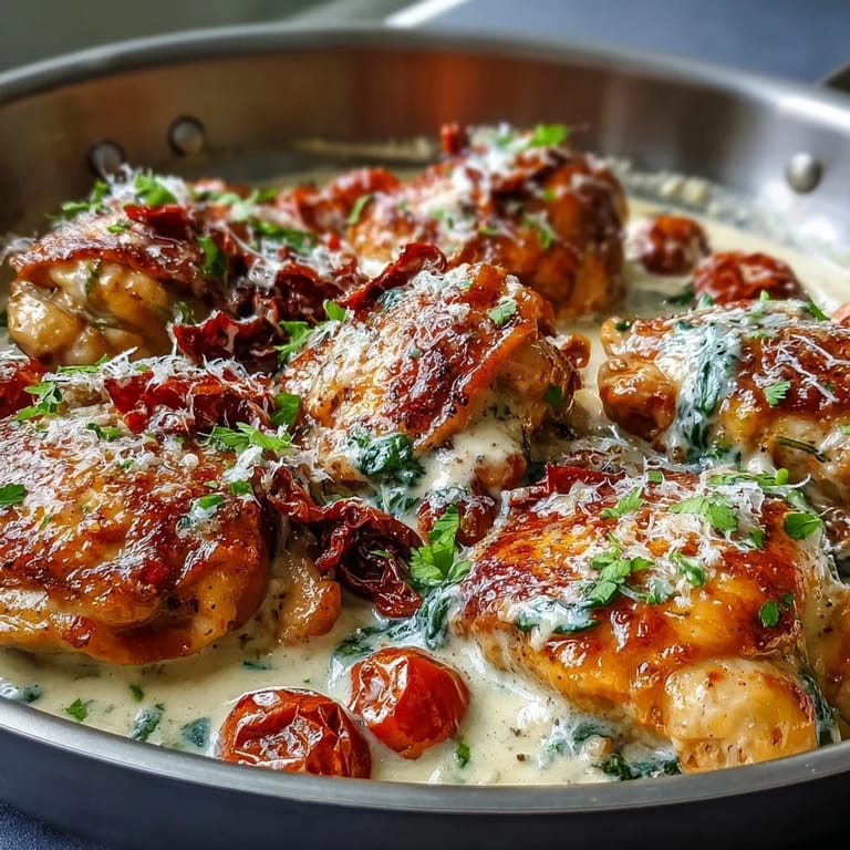 Luscious one-pan Creamy Tuscan Chicken Skillet with golden seared chicken breasts simmered in a Parmesan cream sauce.