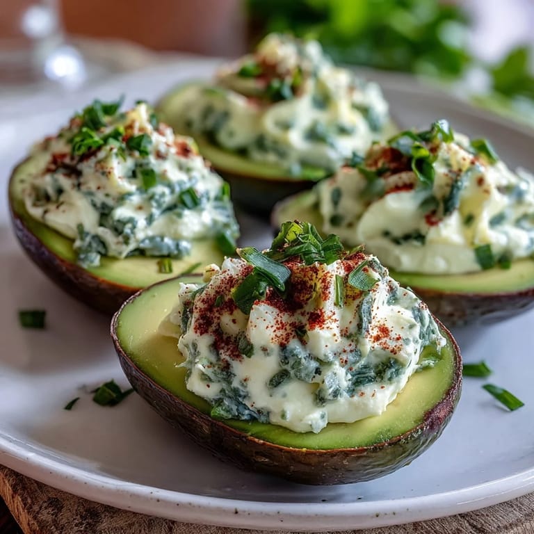 Creamy avocado and egg yolk filling piped into halved whites, topped with chives and dill for a colorful party snack.
