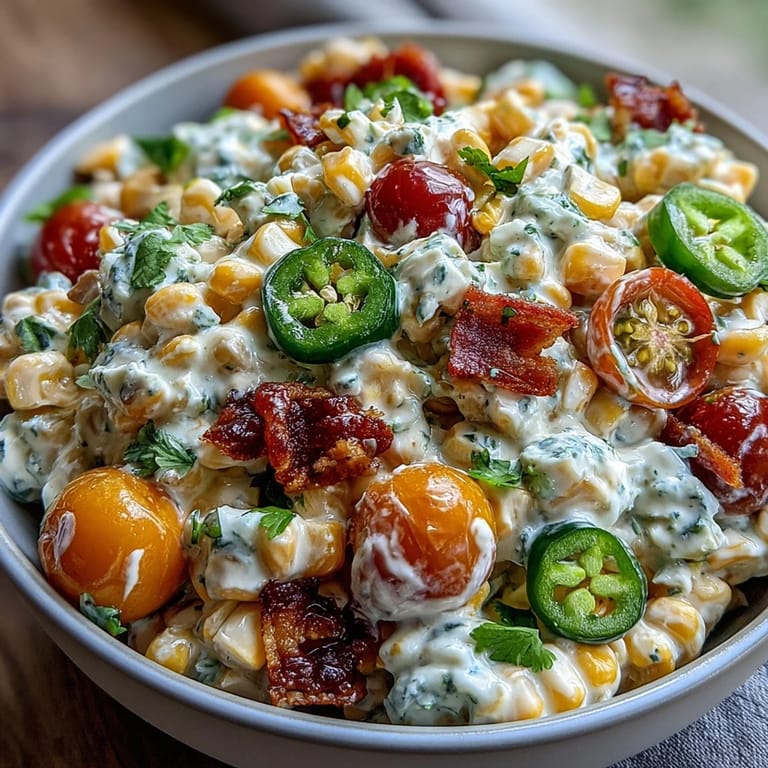 Vibrant Creamy Corn Salad with Jalapeño features tender sweet corn, red bell pepper, and jalapeño in a tangy, smoky dressing.