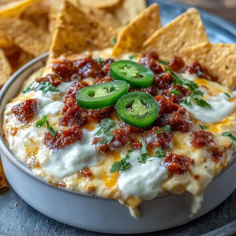 Creamy cheese dip loaded with savory Mexican chorizo, pico de gallo, and cool sour cream, served warm with crispy tortilla chips.