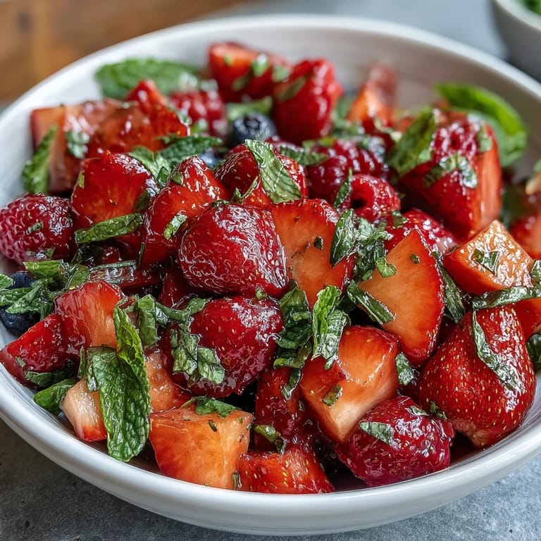 A colorful bowl of strawberry lemonade fruit salad, featuring sweet strawberries, crisp grapes, and refreshing watermelon, perfect for summer gatherings.
