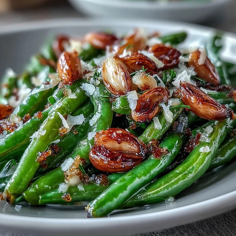 Bright and flavorful roasted green beans tossed with sliced garlic and topped with toasted almonds.