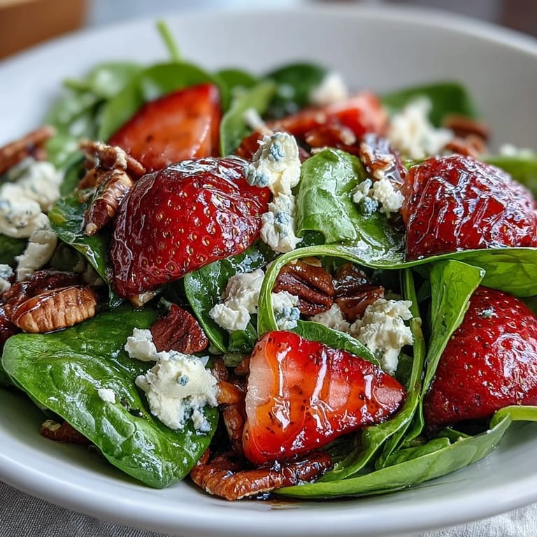 Colorful Strawberry Spinach Salad featuring creamy goat cheese, sweet strawberries, and crunchy candied pecans on a bed of baby spinach.