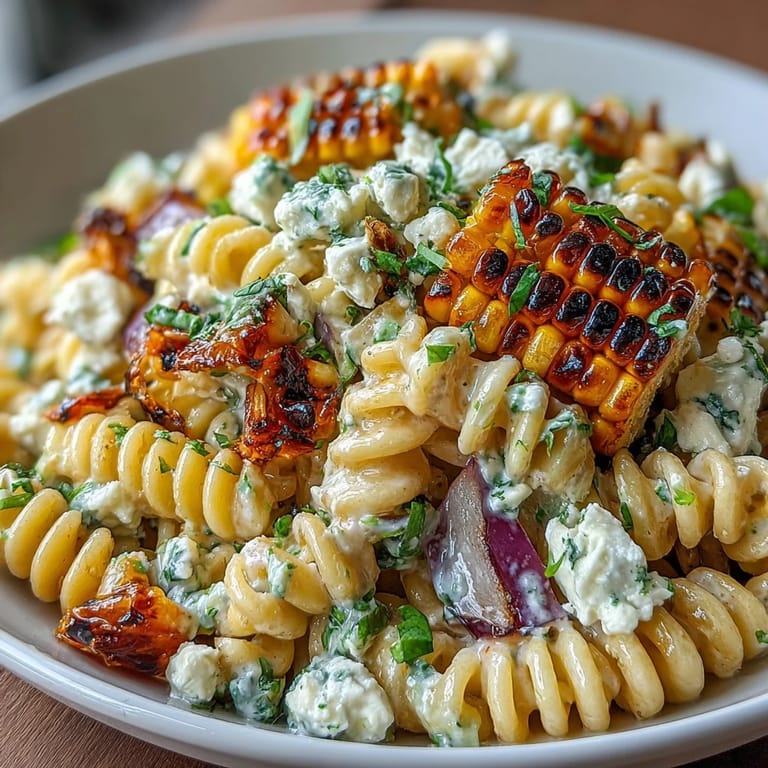 Creamy Elote Corn Pasta with Cotija, smoky paprika, chili powder, and fresh cilantro—perfect for summer picnics or potlucks.