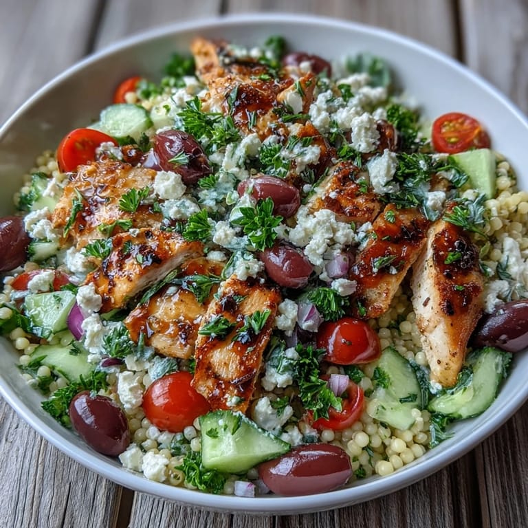 Served chilled, the Mediterranean Pearl Couscous Chicken Bowls offer a zesty red wine vinaigrette and Kalamata olives for an authentic Greek-inspired meal.