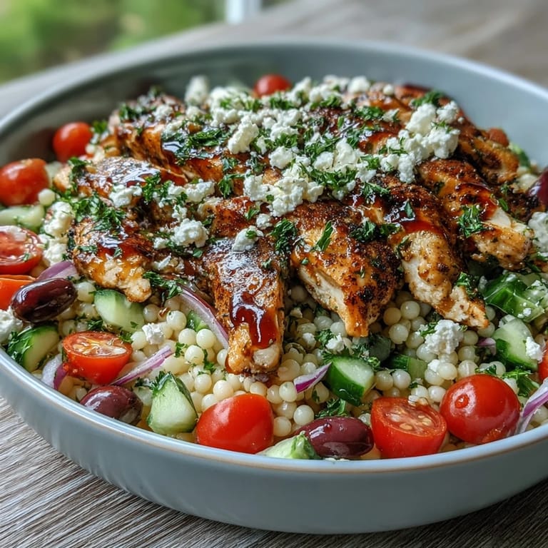 Dinner is ready in 50 minutes: warm Mediterranean Pearl Couscous Chicken Bowls tossed with parsley and crowned with golden, juicy chicken strips.