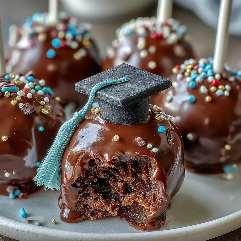 Moist cake and frosting mixture shaped into pops, dipped in vibrant chocolate coating and topped with fondant graduation caps.