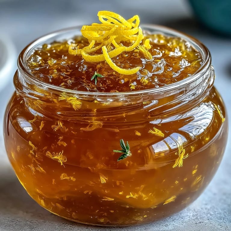 Homemade dandelion jelly with lemon and honey, capturing springtime flavors in a vibrant, golden preserve for your pantry.