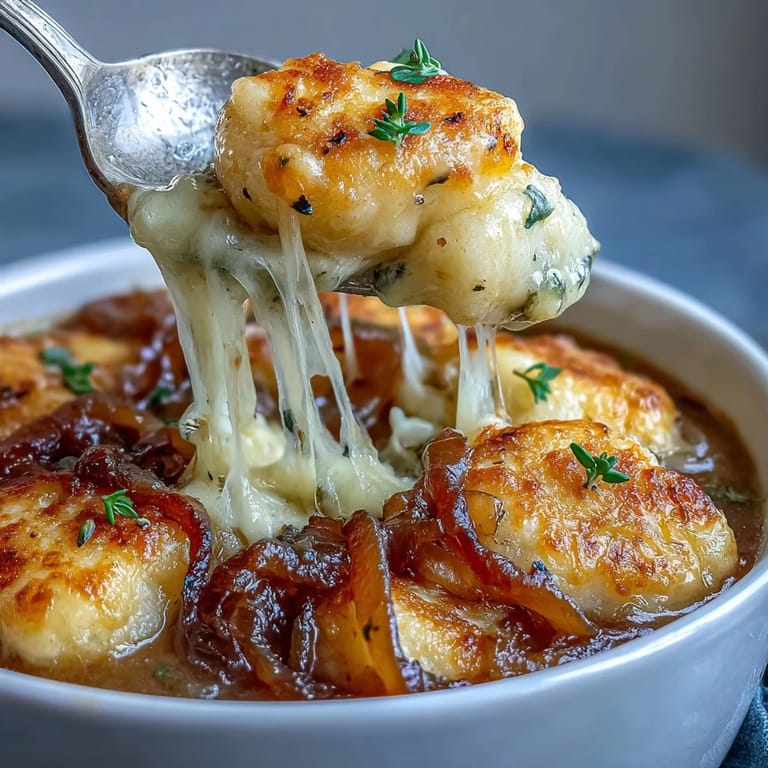 Rich French onion soup with tender gnocchi, sweet caramelized onions, and a golden layer of melted Gruyère cheese.