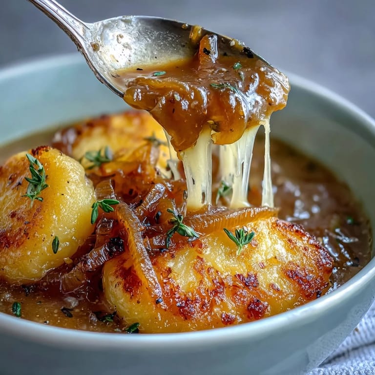Comforting bowl of French onion soup featuring pillowy gnocchi in savory broth, topped with golden toasted baguette and bubbling cheese.  