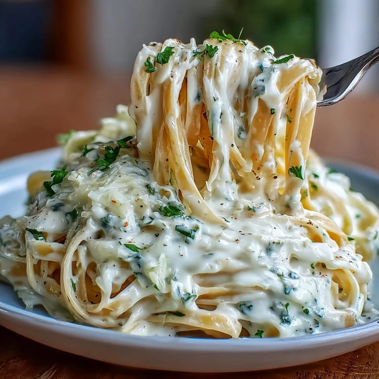 A vibrant bowl of Creamy Cabbage Alfredo topped with fresh parsley.