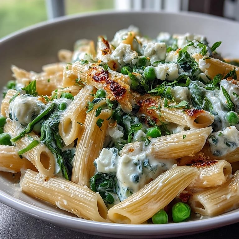 One-pot vegetarian pasta dish featuring vibrant green peas, wilted spinach, and zesty lemon ricotta sauce, ready in 30 minutes.  