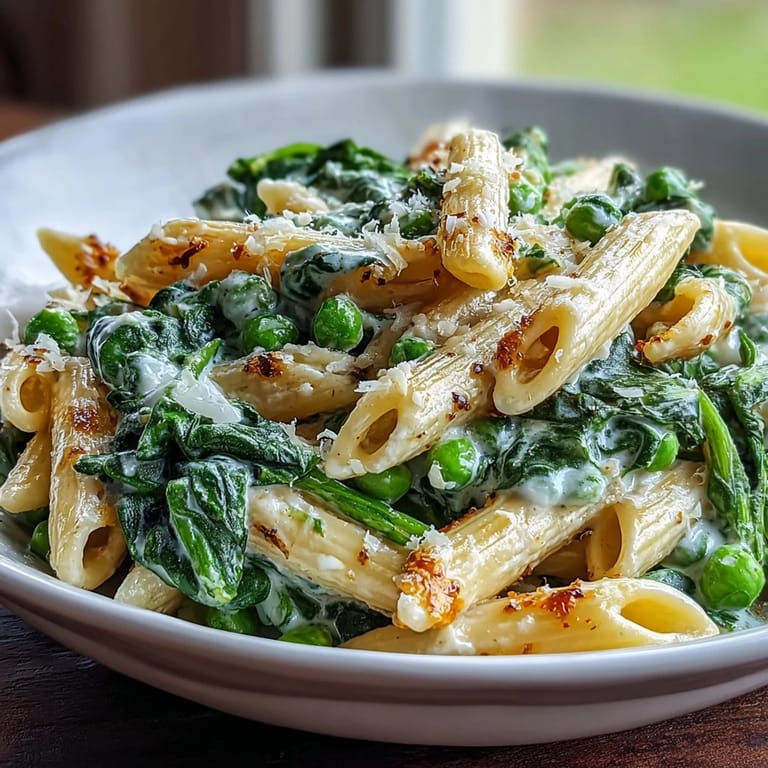 Close-up of lemon ricotta pasta with tender peas and spinach, topped with grated Parmesan and fresh herbs for a comforting meal.