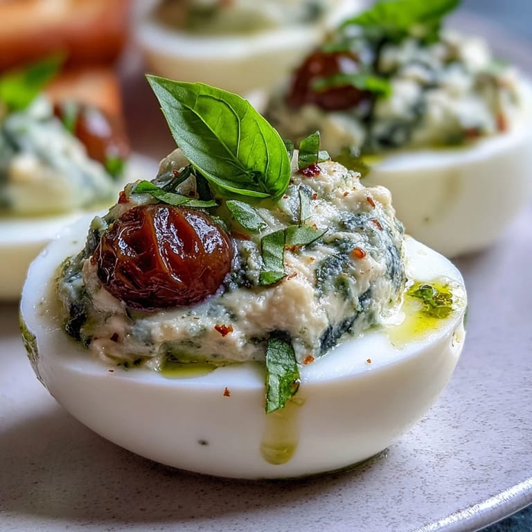 Vibrant Caprese Deviled Eggs: Hard-boiled eggs filled with zesty lemon-Dijon yolk, garnished with cherry tomatoes, mozzarella, and aromatic basil oil.