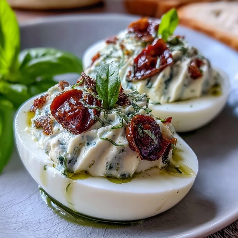Italian-inspired Caprese Deviled Eggs: Classic deviled eggs elevated with fresh mozzarella, basil oil drizzle, and colorful tomato topping for a gourmet appetizer.
