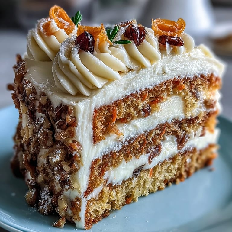 Classic carrot cake with warm spices, grated carrots, and crunchy walnuts, topped with rich cream cheese frosting and elegant candied carrot decorations.  