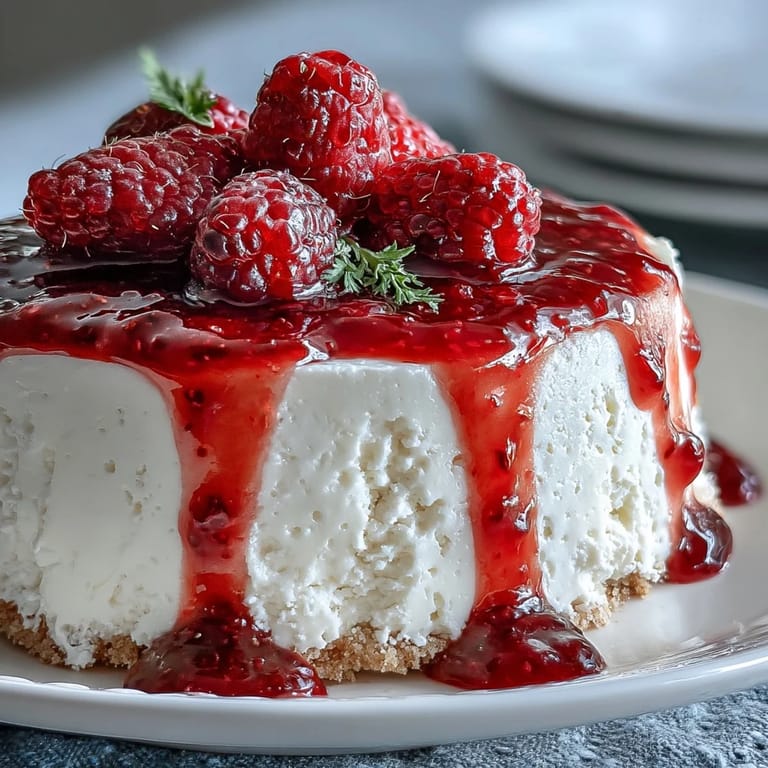 Luxurious no-bake cheesecake topped with fresh raspberry coulis, a delightful dessert for honoring Mom on her special day.  
