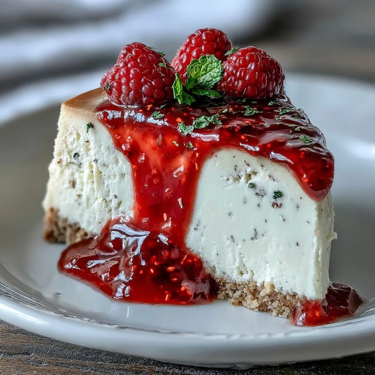 Elegant no-bake cheesecake featuring a rich cream cheese filling and homemade raspberry coulis, ideal for Mother's Day gatherings.