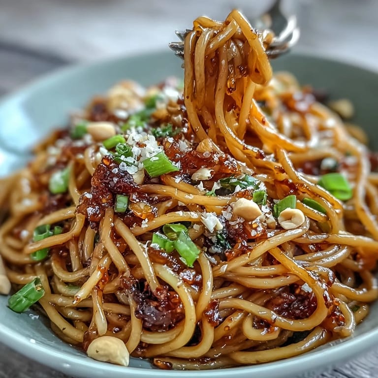 Chewy noodles coated in flavorful chili crisp, ready to be devoured.