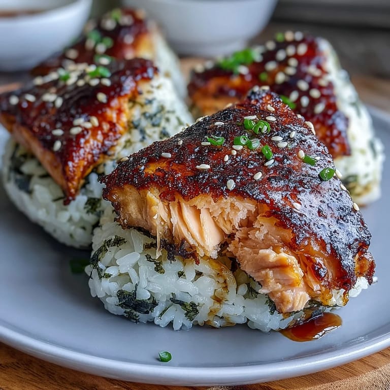 Warm grilled salmon onigiri wrapped in nori, highlighting the contrast between crispy exterior and soft, flavorful rice.