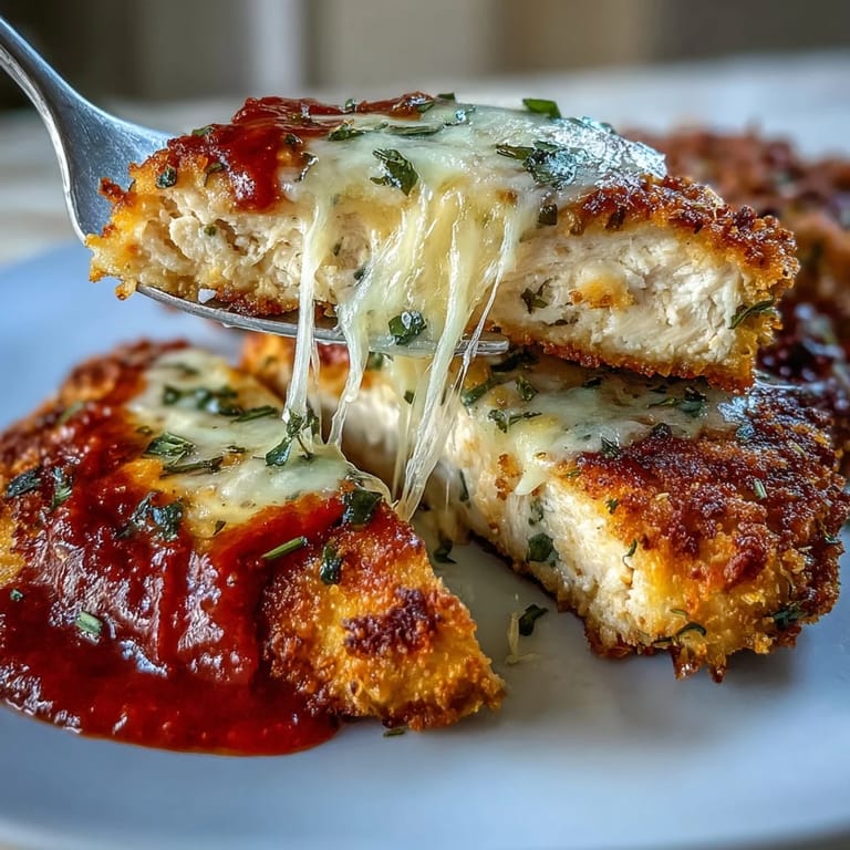 Air-fried chicken Parmesan featuring crunchy coating, savory marinara sauce, and bubbling mozzarella cheese for a quick, satisfying meal.