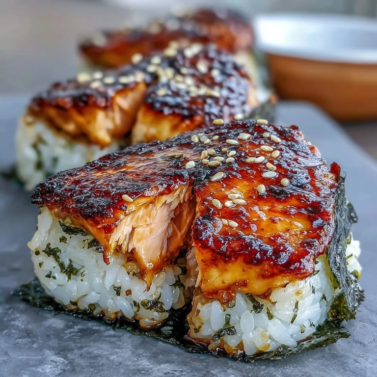 Japanese grilled salmon onigiri showcasing golden, crisped rice with savory salmon nestled inside.  