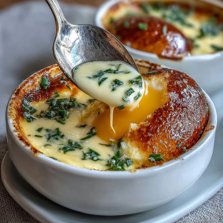 Creamy Easter Eggs en Cocotte with runny yolks, topped with fresh chives.