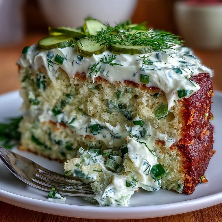 Gorgeous pickle cake slices showing moist crumb and creamy dill frosting topping.