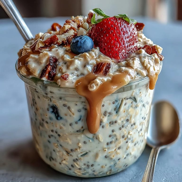 Flax and chia seed overnight oats, ready to enjoy with fresh toppings.