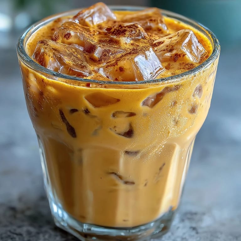 Refreshing glass of Turmeric Golden Milk Iced Latte, a cool, spiced dairy-free delight.