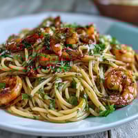 Spring Dinner Party Lemon Garlic Shrimp Pasta with succulent shrimp, zesty lemon, and aromatic garlic in a light, vibrant sauce.