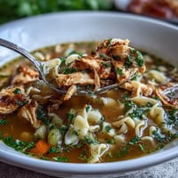 A steaming bowl of Chicken Run One-Pot Chicken Noodle Soup with vibrant veggies and tender chicken in a savory broth.  