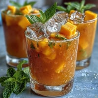 A tall glass of mango peach iced tea with fresh mint leaves, perfect for a hot summer day.