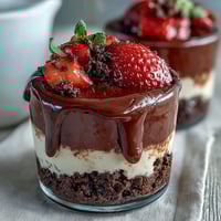 Decadent chocolate biscuit base topped with creamy cheesecake and fresh strawberries in elegant dessert cups.