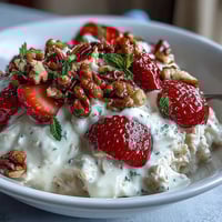 Strawberry overnight oats with chia seeds and granola in a glass jar, topped with fresh strawberries and crunchy granola for a healthy breakfast