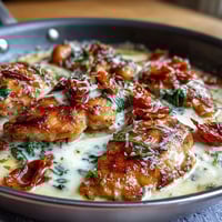 Creamy Tuscan Chicken Skillet with tender chicken in a rich garlic cream sauce, sun-dried tomatoes, and fresh spinach.