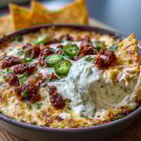 Cinco de Mayo Loaded Queso Dip with spicy chorizo and fresh pico de gallo in a cast iron skillet, topped with jalapeños, cilantro, and avocado slices.