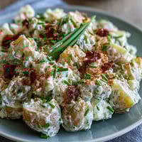 Creamy Classic Deviled Egg Potato Salad with tender potatoes, tangy mustard dressing, and fresh chives, perfect for summer picnics and BBQs.