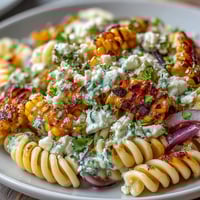 Vibrant Elote Corn Pasta Salad with Cotija cheese, sweet charred corn, red bell pepper, and zesty lime dressing in a serving bowl.