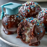 Festive graduation cake pops in school colors, decorated with edible glitter and sprinkles for a celebratory treat.