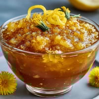 Bright, golden dandelion jelly with fresh lemon and honey, perfect for spreading on warm toast or biscuits.  