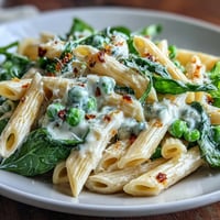 Creamy lemon ricotta pasta with peas and spinach in a rustic skillet, garnished with fresh basil and lemon zest.  