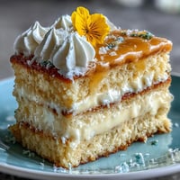 Elegant Mother's Day Lemon Curd Layer Cake adorned with vibrant edible flowers and creamy frosting.