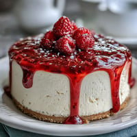 Creamy no-bake cheesecake with buttery biscuit crust and vibrant raspberry coulis, perfect for Mother's Day celebrations.  