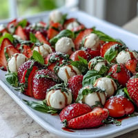 Fresh Strawberry Caprese Salad with Mozzarella, bursting with juicy berries and creamy cheese.